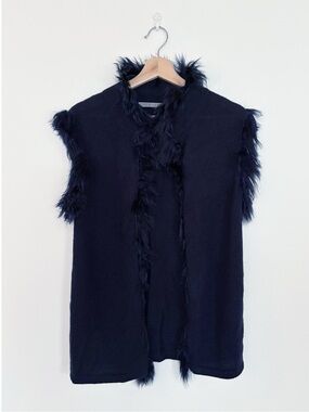 Alicia Adams Alpaca || Fur Trimmed Sweater Vest Made in Peru Navy Blue Small